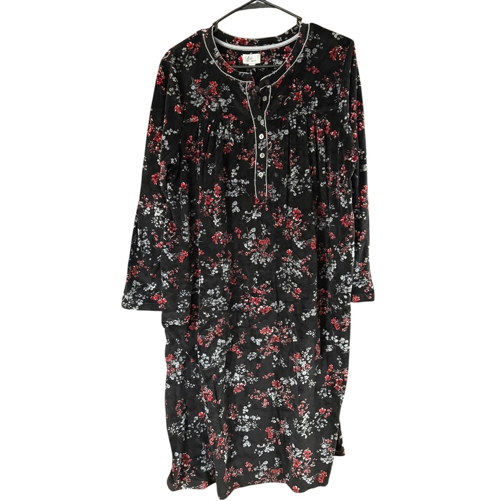 Aria Collection Floral Fleece Nightgown Black Red White Lace Trim Sleep Dress L